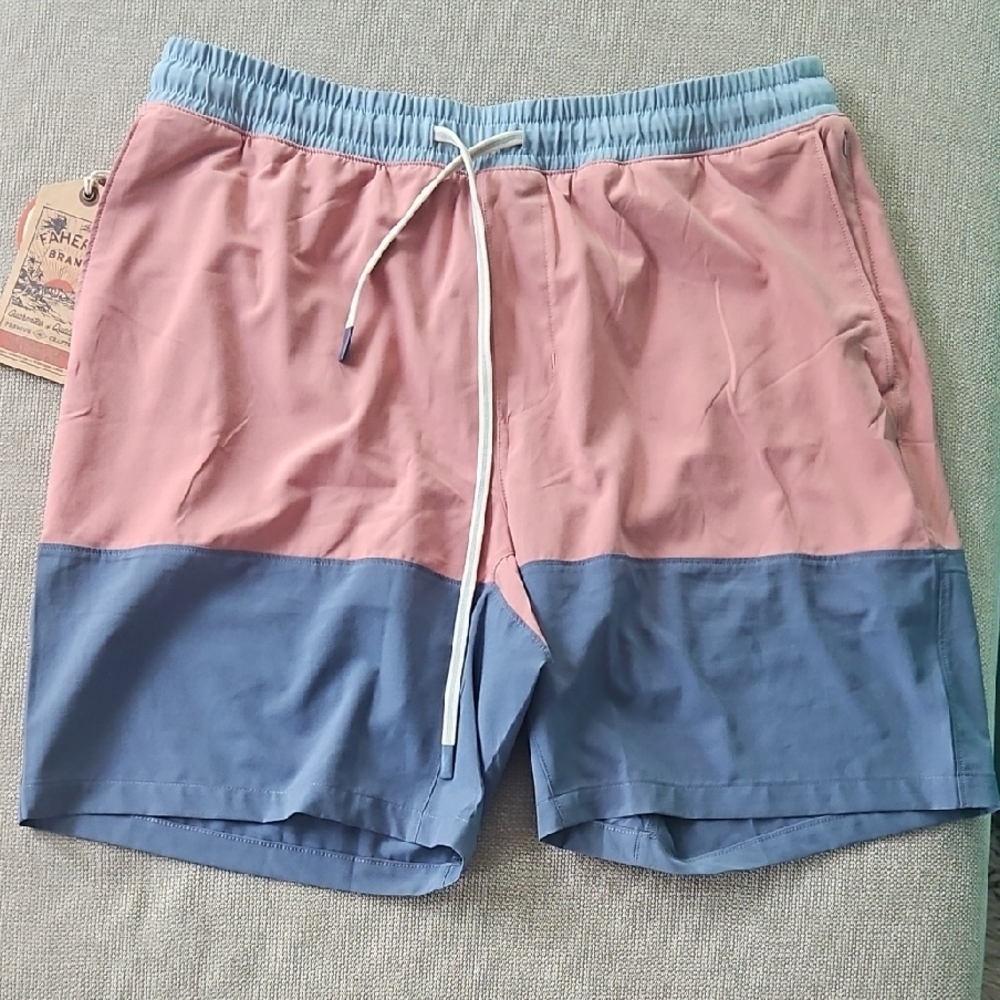 Faherty Pink and Blue Board Shorts with Color-Block Design